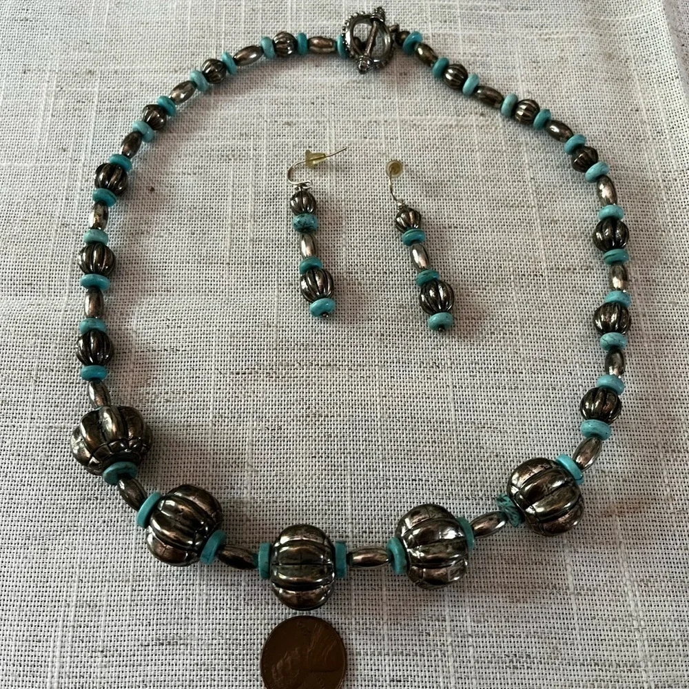Silver and Turquoise Beaded Necklace and Earring Set vintage